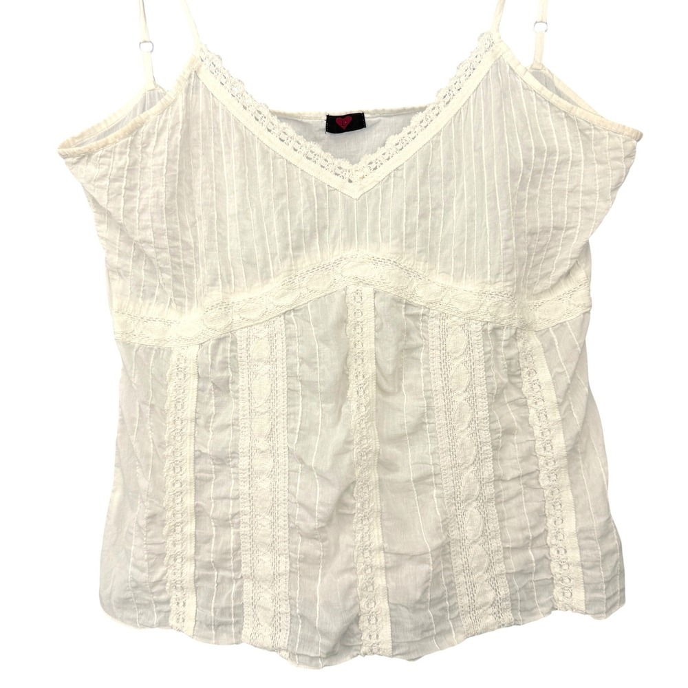 Y2K Camisole Tank Top‎ Women Large White Lace Trim Pleated Adjustable Strap - Picture 2 of 6